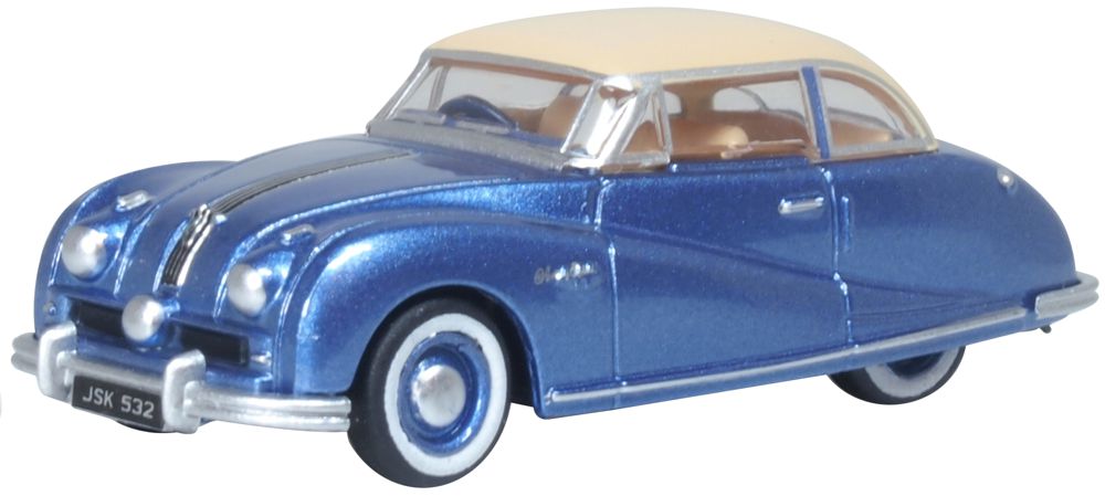 Model of the Blue/Ivory Austin Atlantic Coupe by Oxford at 1:76 scale.