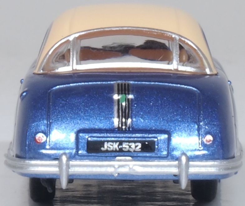 Model of the Blue/Ivory Austin Atlantic Coupe by Oxford at 1:76 scale.