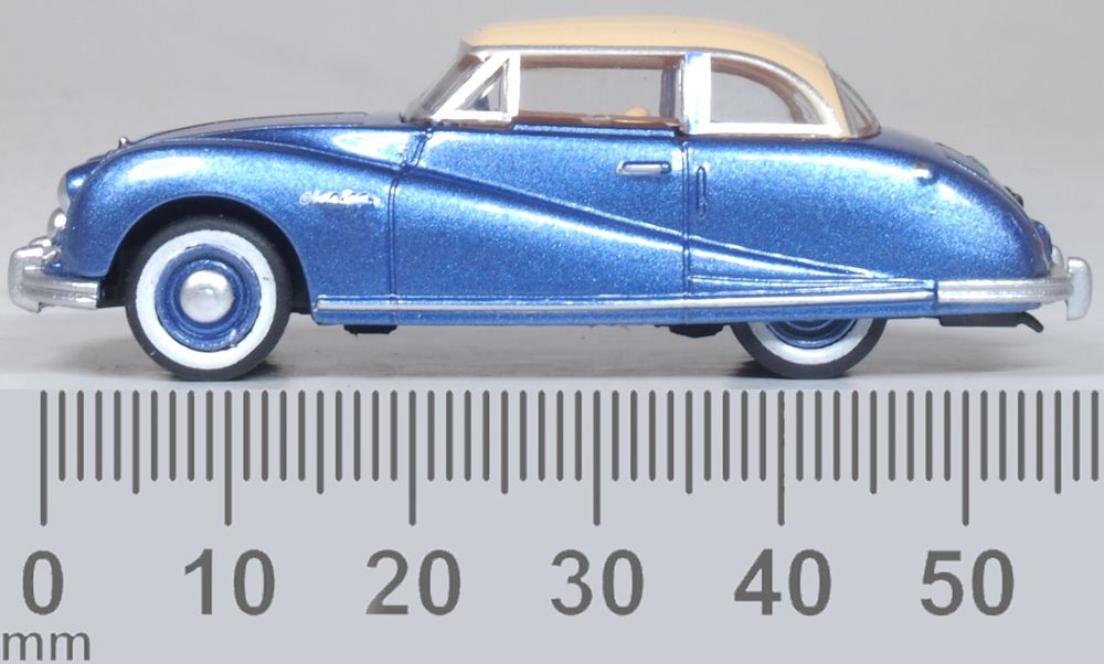 Model of the Blue/Ivory Austin Atlantic Coupe by Oxford at 1:76 scale.