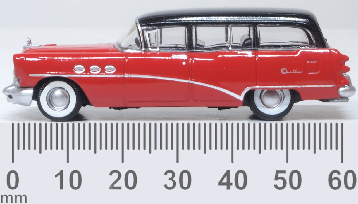 Model of the 1954 Buick Century Estate Wagon Matador Red/Carlsbad Black by Oxford at 1:87 scale.