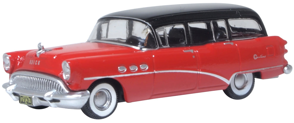 Model of the 1954 Buick Century Estate Wagon Matador Red/Carlsbad Black by Oxford at 1:87 scale.