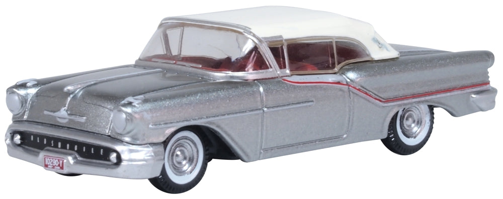 Oxford Diecast 1957 Oldsmobile 88 Convertible (closed) Juneau Gray/accent Red/white