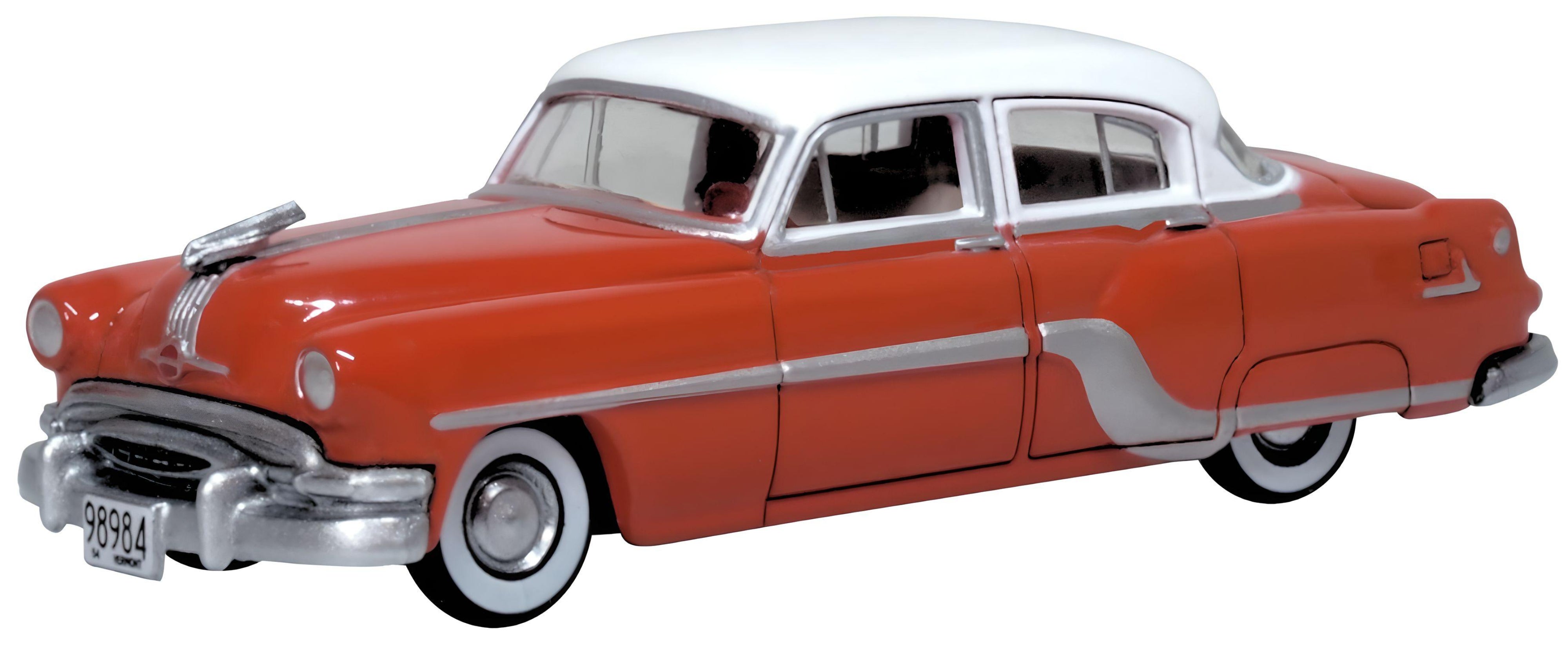 Oxford Diecast Coral Red/Winter White Pontiac Chieftain 4 Door 1954